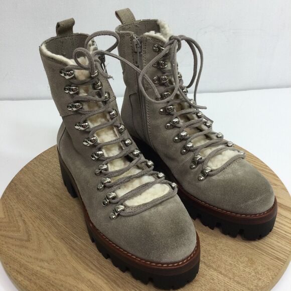Jeffrey Campbell Stanley Faux Fur Trim Lace Up Hiker Boots Suede Taupe Beige 5.5 - Picture 2 of 14
